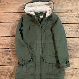 Womens small army green long cotton winter coat. Nice used condition.